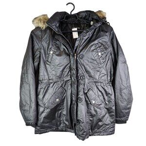 Womens Maurices Brow Faux Fur Hooded Black Parka Jacket Full Zip & Button XL